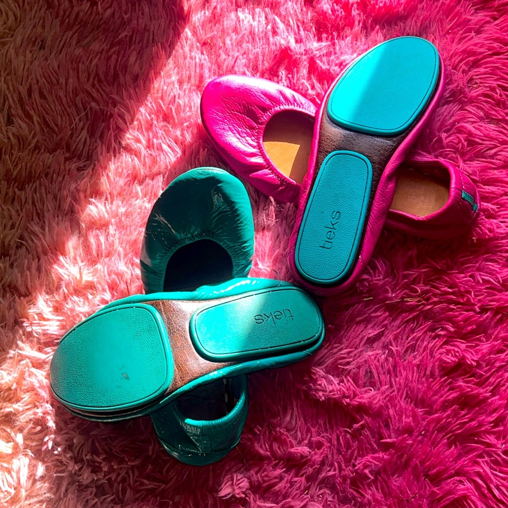2 pairs of Tieks Gavriell.Blue Patent retails $195.00,Fuschia retails $185.00.